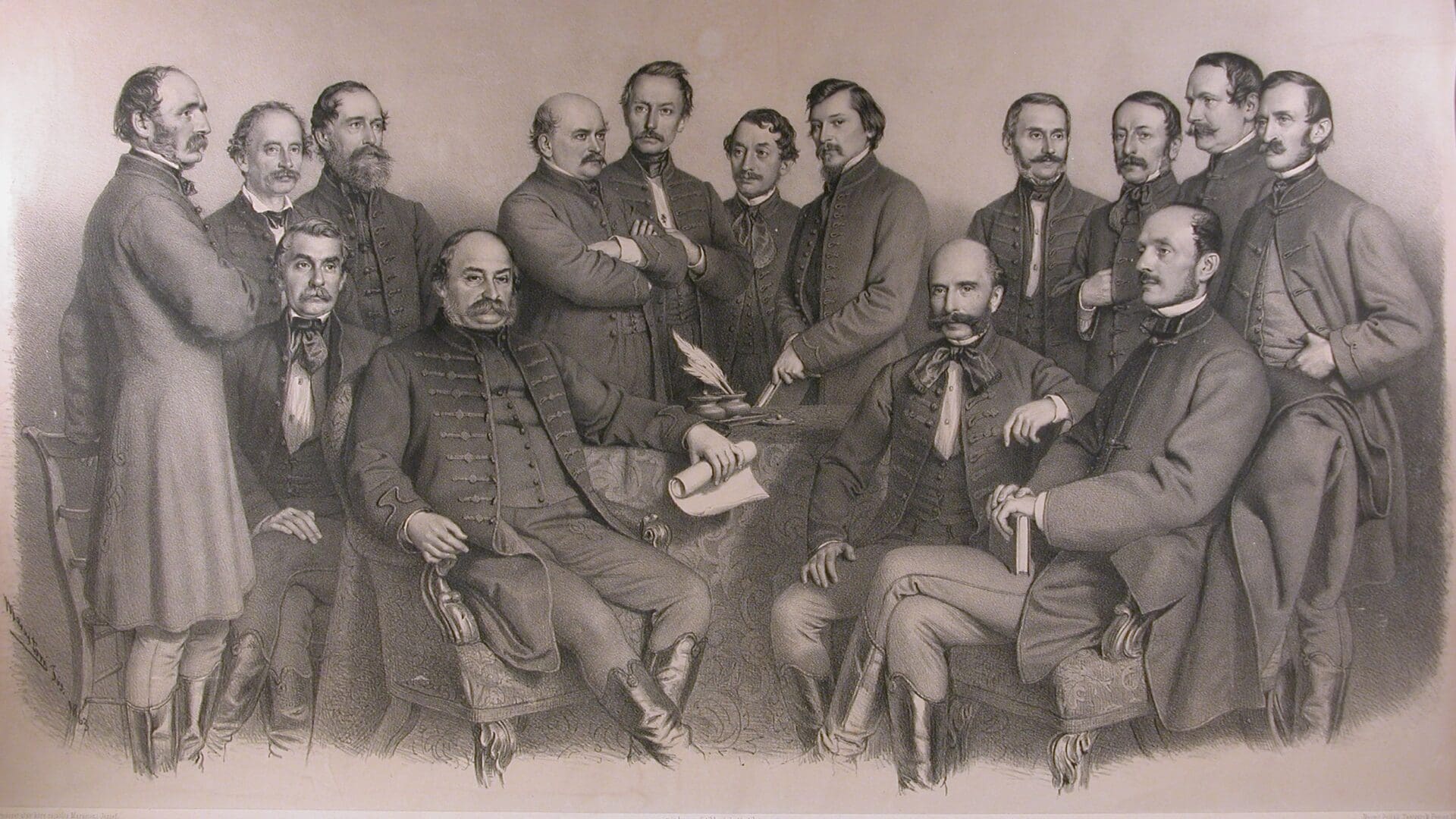 The professors of the Faculty of Medicine of the Pest University of Sciences in 1863. Semmelweis is standing (centre-left) with his arms crossed.