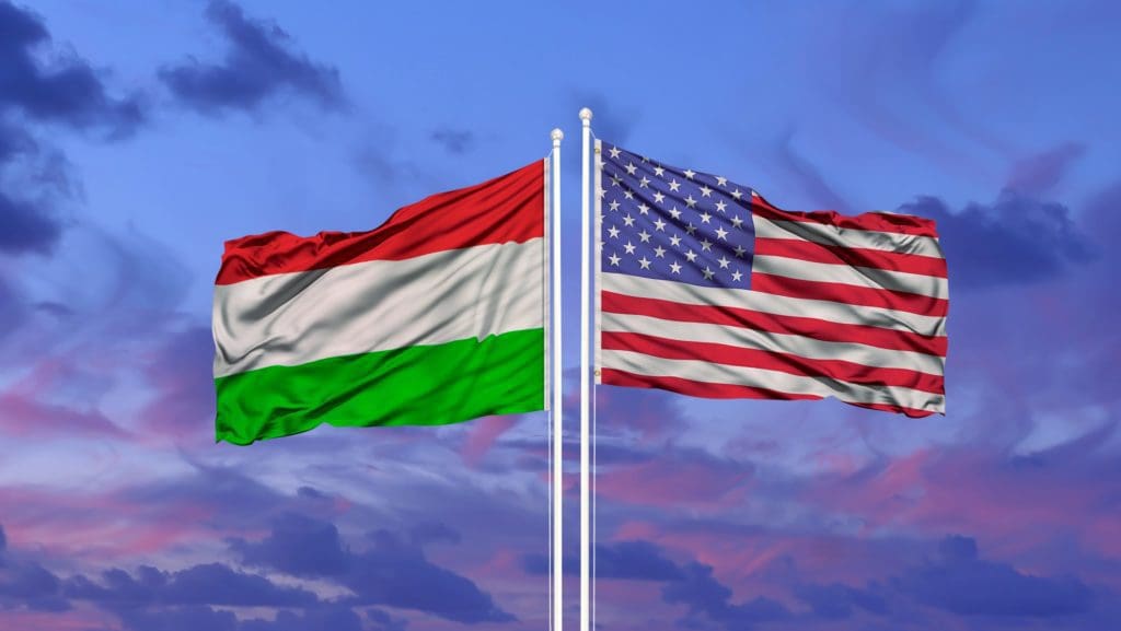 Waving,American,Flag,And,Flag,Of,Hungary.,Closeup,View,