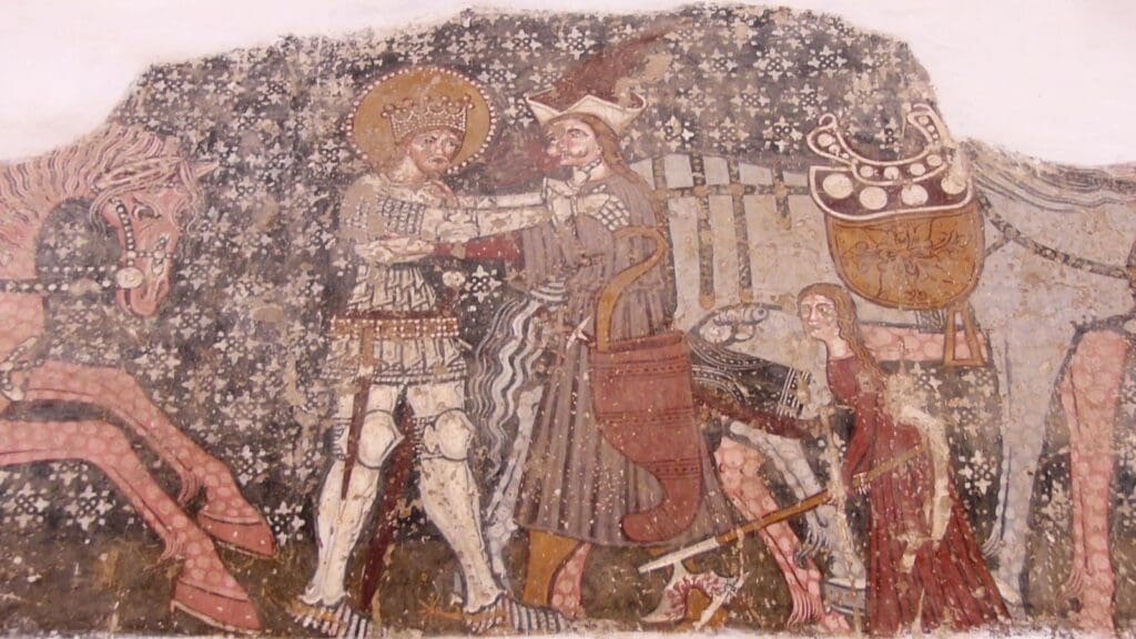 Fresco detail in the Székelyderzs church: Saint Ladislaus is fighting a duel with a cuman warrior.