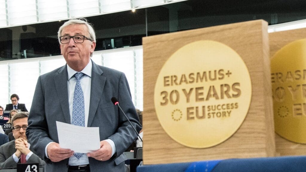 Jean-Claude Juncker speaks at a ceremony to mark the 30th anniversary of the Erasmus higher education programme at the European Parliament building in Strasbourg on 13 June, 2017.