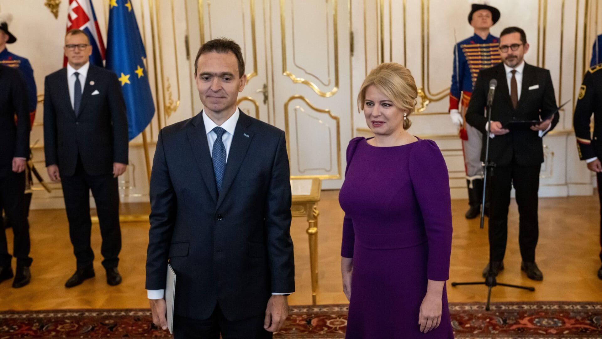 Slovakia’s President Zuzana Caputova (C-R) poses for a picture during the appointment ceremony of new Slovak Prime Minister Ludovit Odor (C-L) in Bratislava, Slovakia on May 15, 2023. (Photo by VLADIMIR SIMICEK / AFP)