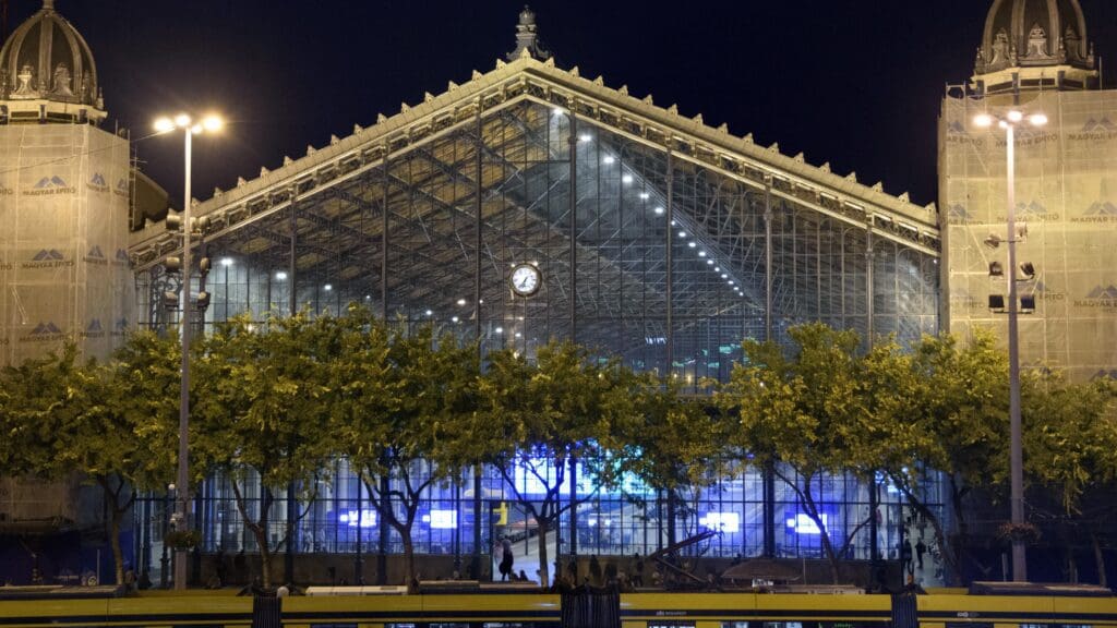 The renovated Passengers Hall of the Nyugati railway station at night.