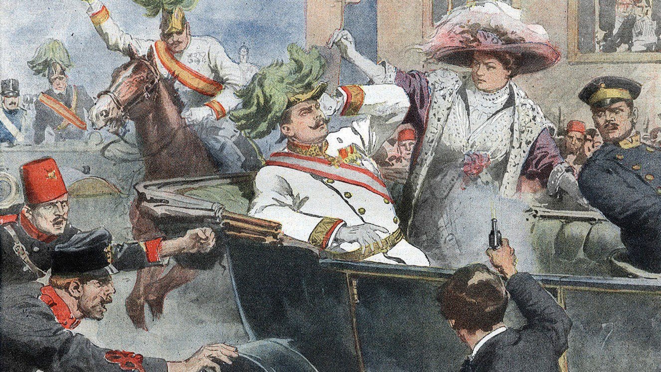 The first page of the edition of the Domenica del Corriere, an Italian paper, with a drawing by Achille Beltrame depicting Gavrilo Princip killing Archduke Franz Ferdinand of Austria in Sarajevo.