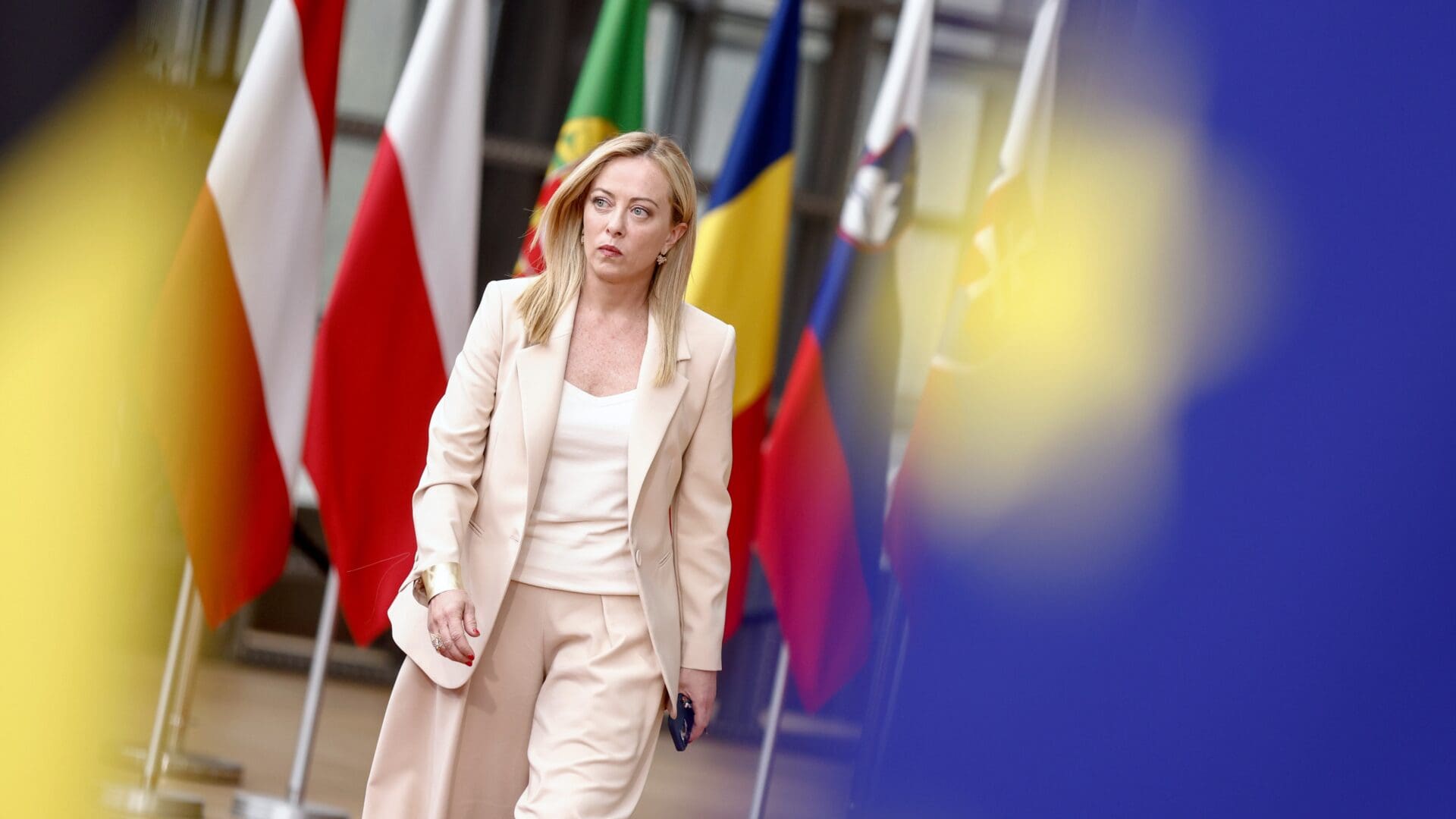 Prime Minister Giorgia Meloni arrives for a European Council Summit, at the EU headquarters in Brussels, on 29 June 2023.