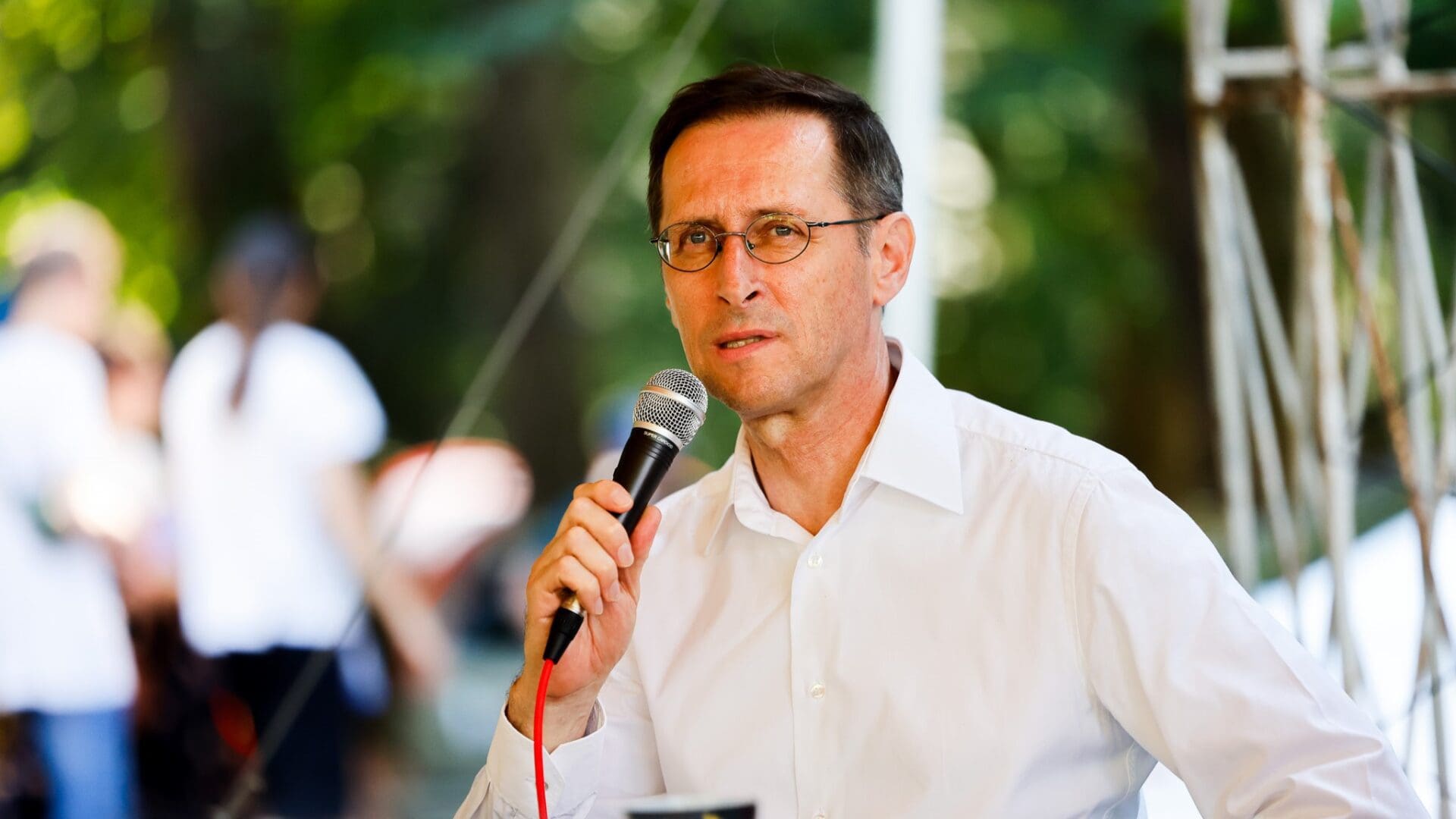 Mihály Varga speaking at the Gombaszög Summer Camp on 15 July 2023.