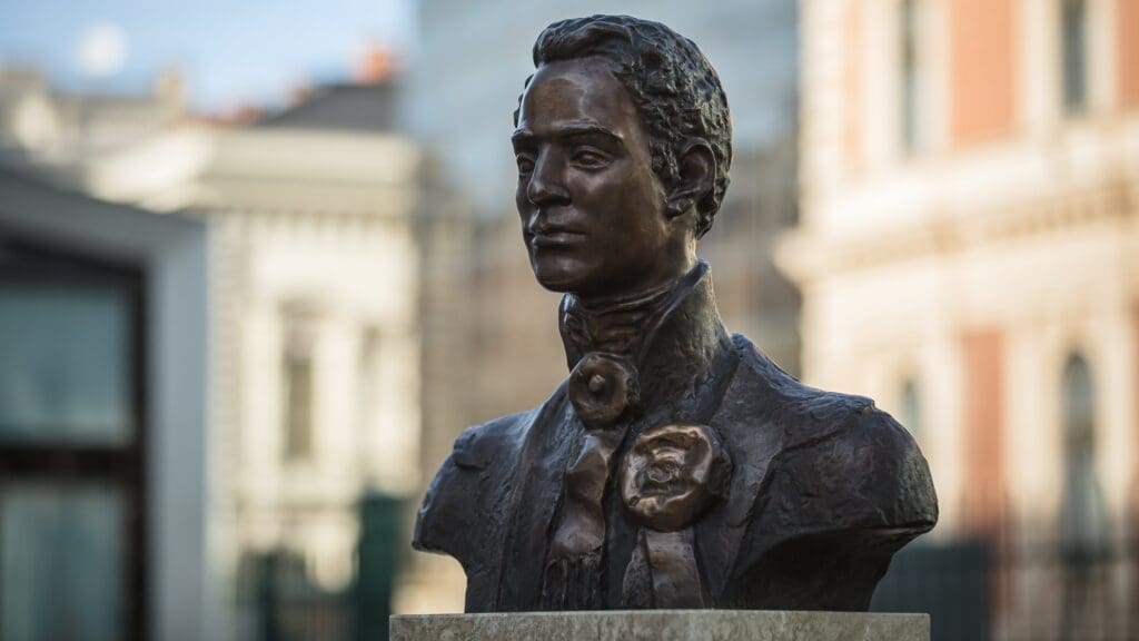 The bust of Pál Vasvári on the day of its inauguration in the garden of the National Museum in Budapest on 13 March 2021.