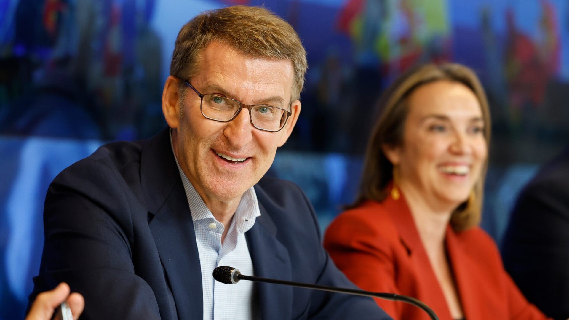 Spanish right-wing opposition party Partido Popular (PP) leader Alberto Nunez Feijoo (L) adresses a press conference with PP's Secretary General Cuca Gamarra a day after Spain's general election at the party's headquarters in Madrid on 24 July 2023.