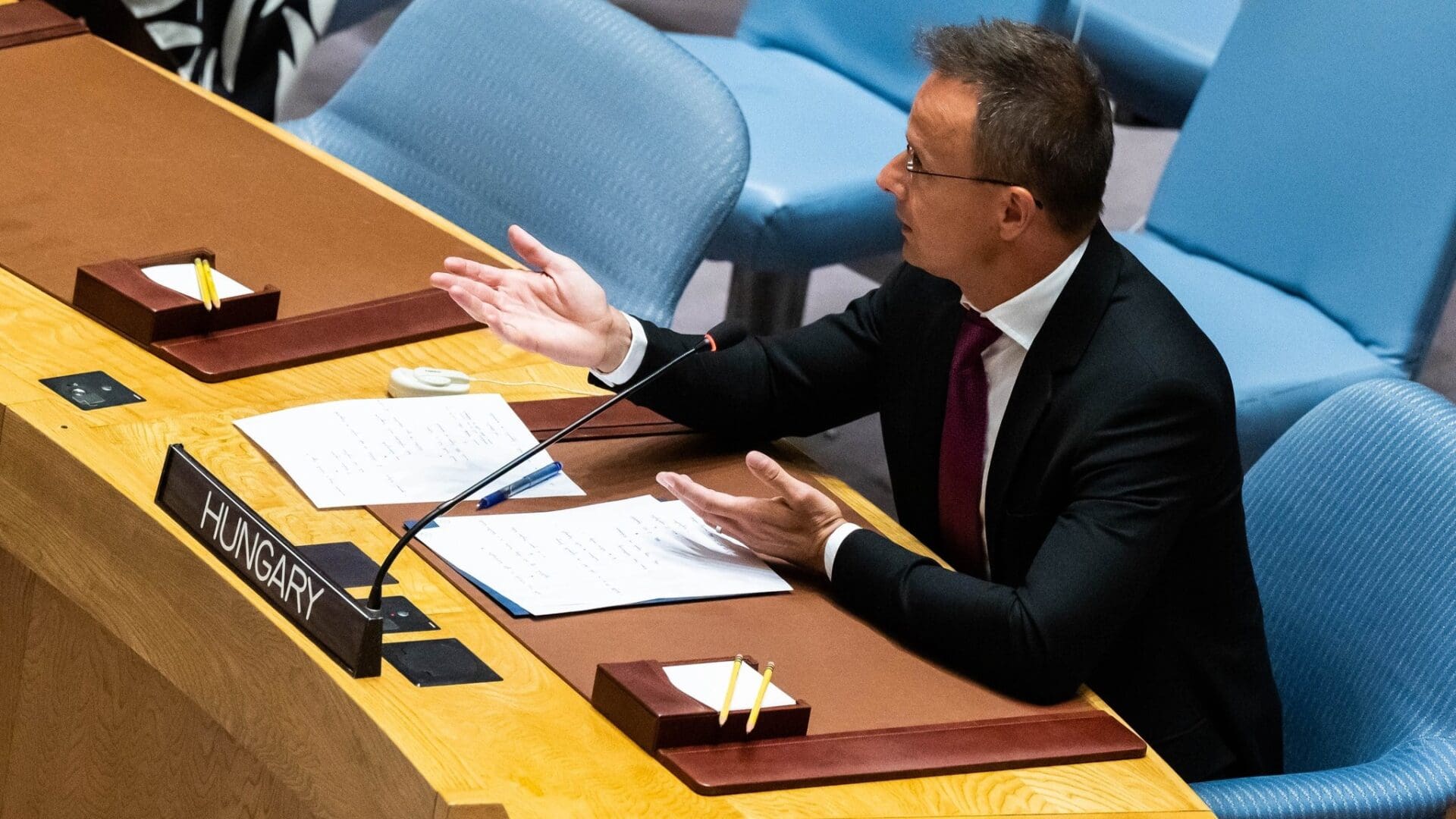 Péter Szijjártó speaks at the session of the UN Security Council on 17 July 2023.