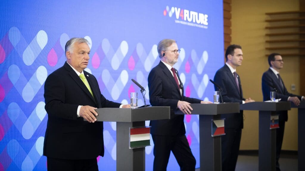 The prime ministers of the V4 countries at their summit in Bratislava on 26 June 2023.