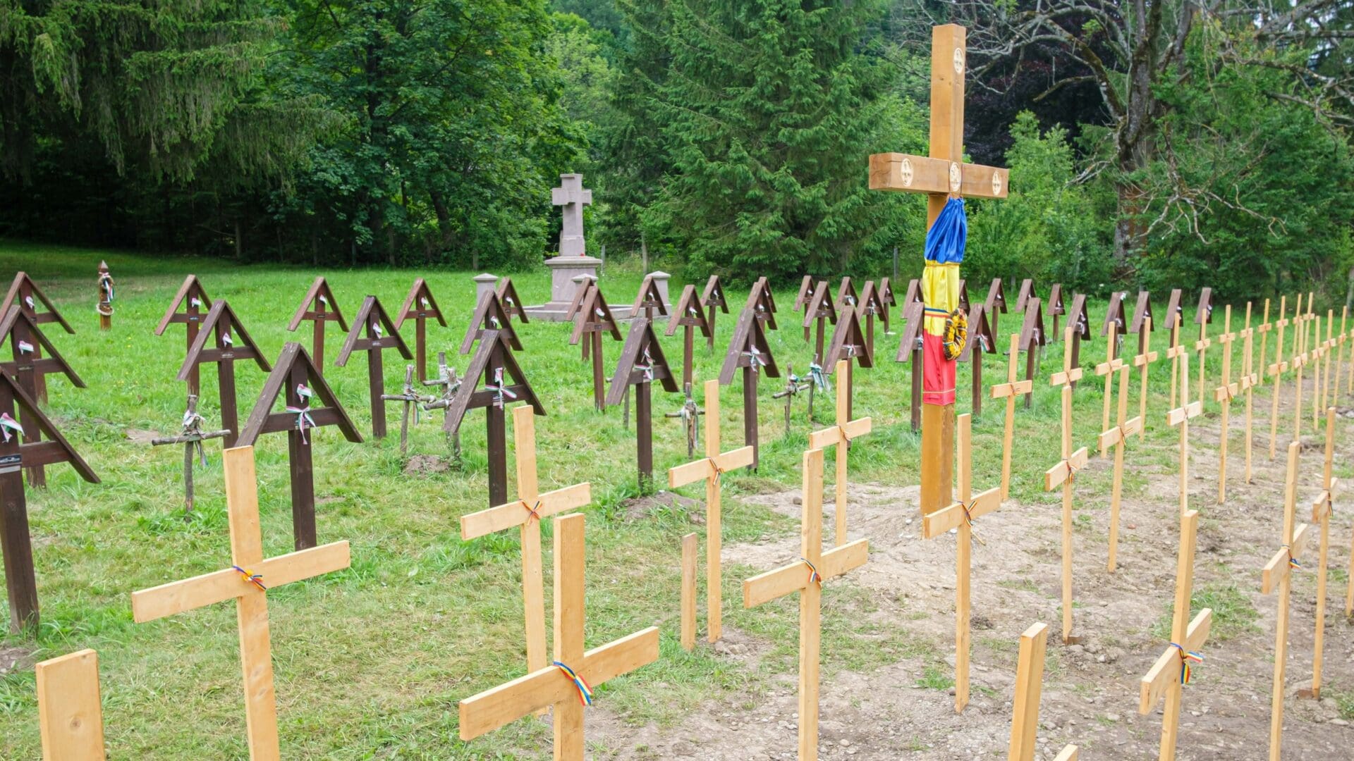 The illegally erected wooden crosses in the Úzvölgy military cemetery on 11 July 2023.