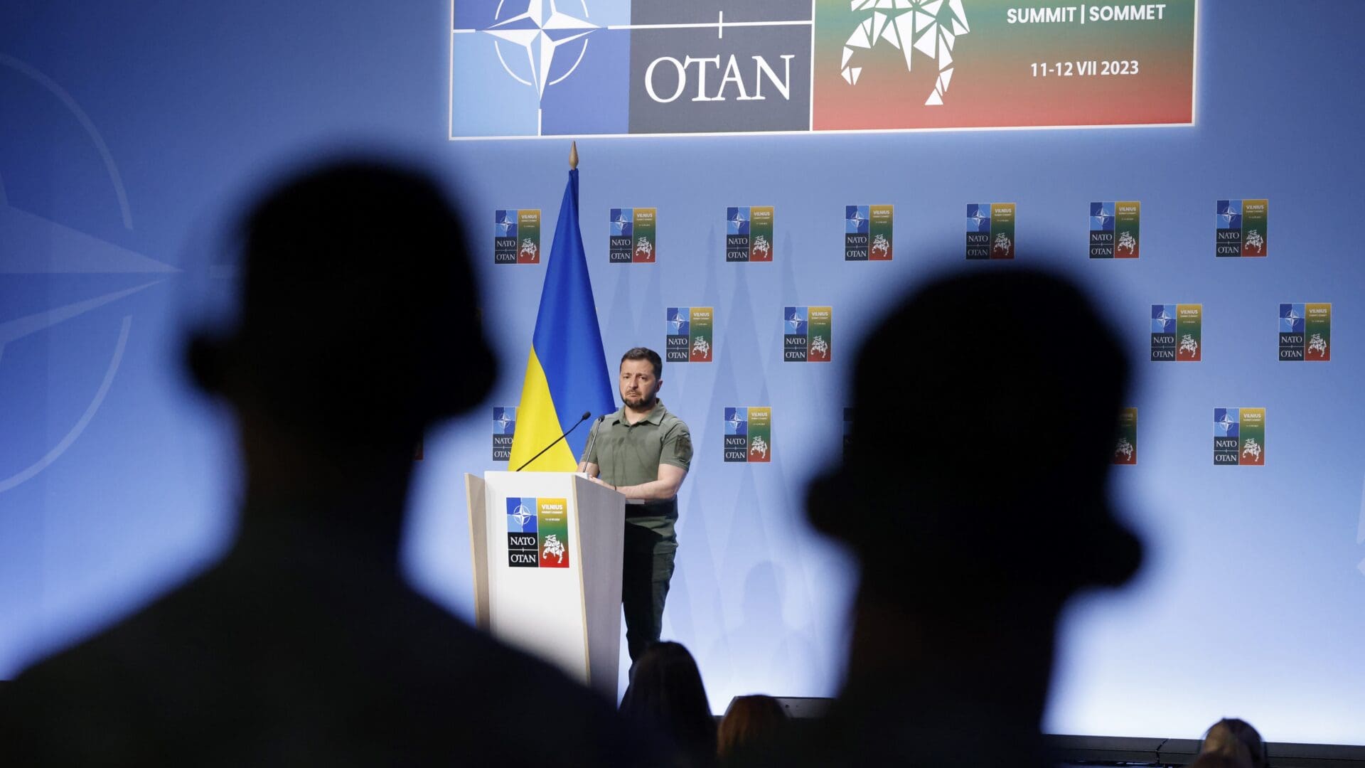 Ukrainian President Volodymyr Zelenskyy giving a press conference during the NATO Summit in Vilnius, Lithuania on 12 July 2023.