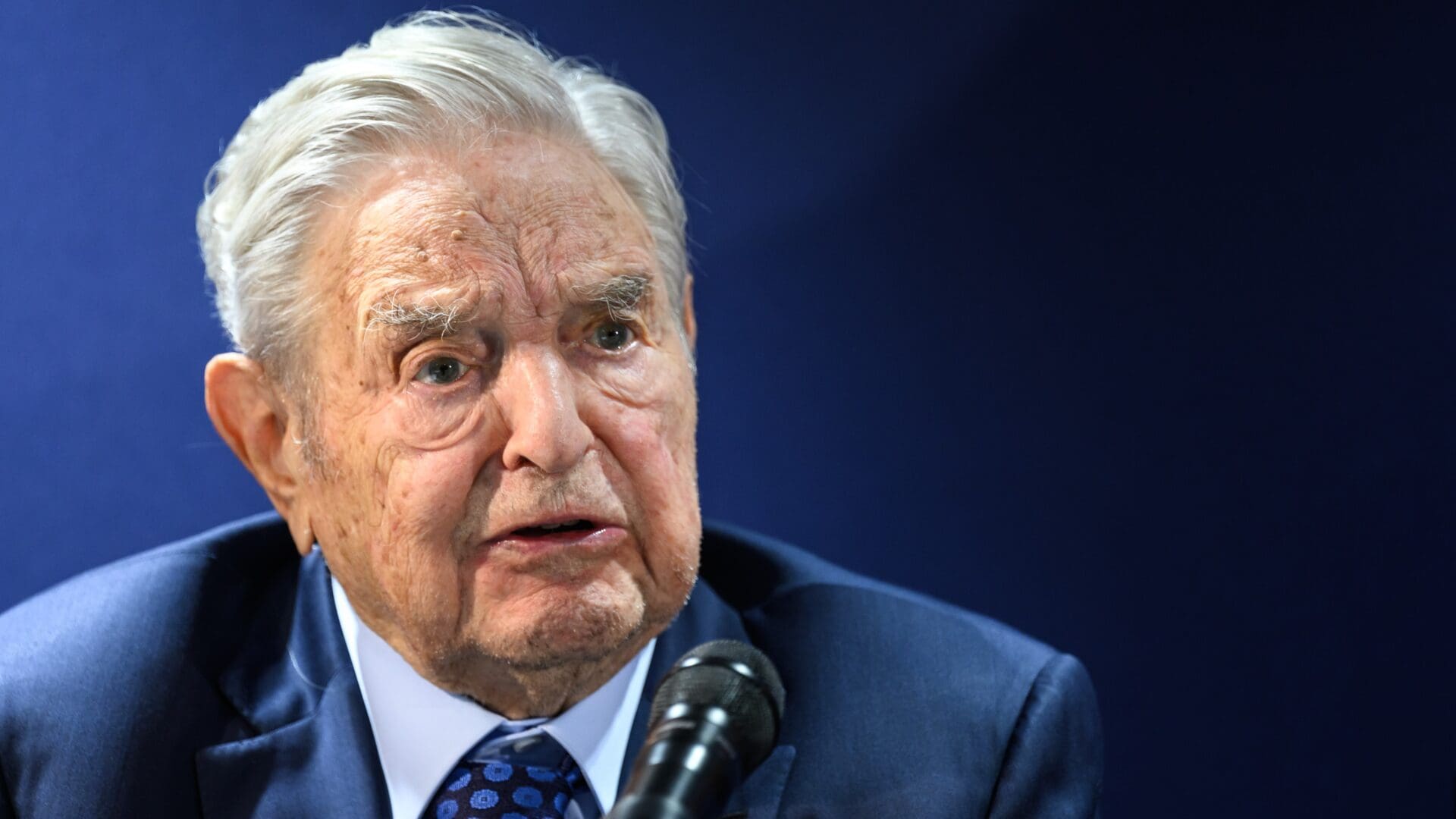 Hungarian-born US investor and philanthropist George Soros answers to questions after delivering a speech on the sidelines of the World Economic Forum (WEF) annual meeting in Davos on 24 May 2022.