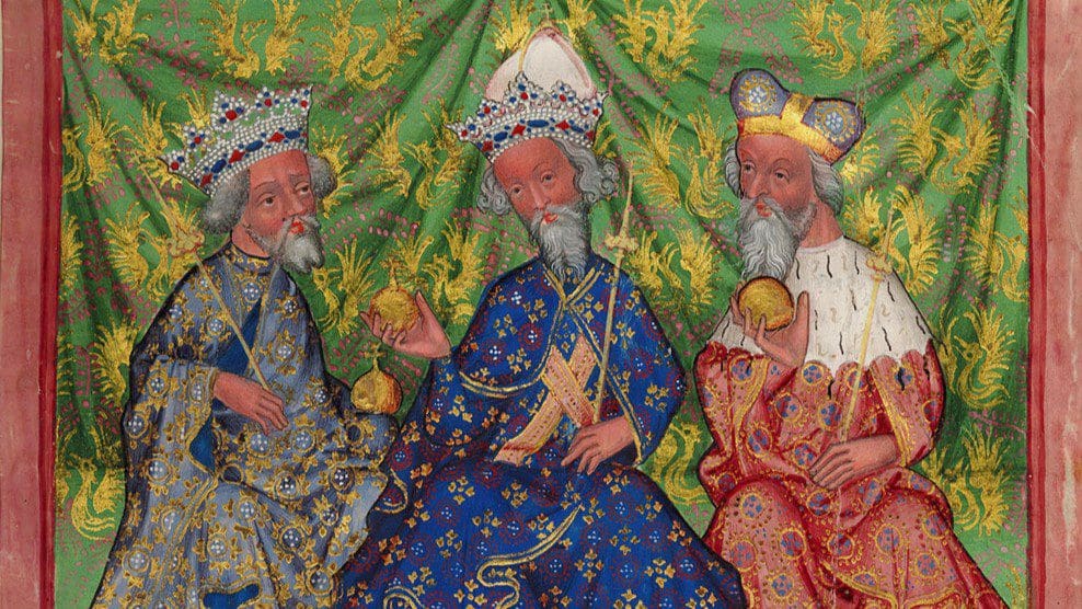 The Emperor Charles IV (centre), surrounded by his sons: King Wenceslaus IV of Bohemia (left) and Margrave Jobst of Moravia (right) in the Olomouc Law Book (ca. 1430).