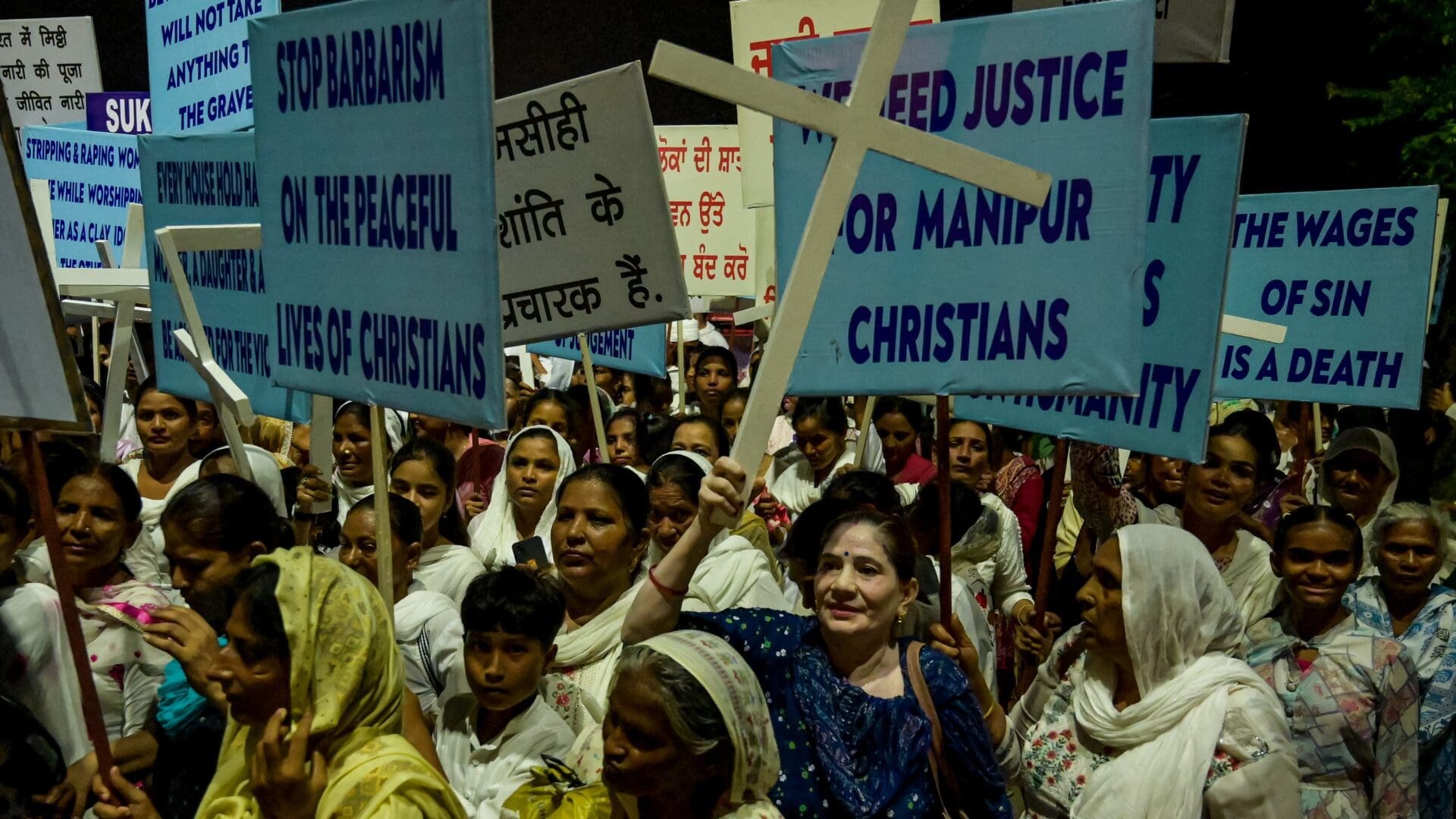 Demonstrators demand justice for Christians in Amritsar on 27 July 2023 at a protest against ongoing ethnic violence in India's north-eastern state of Manipur.