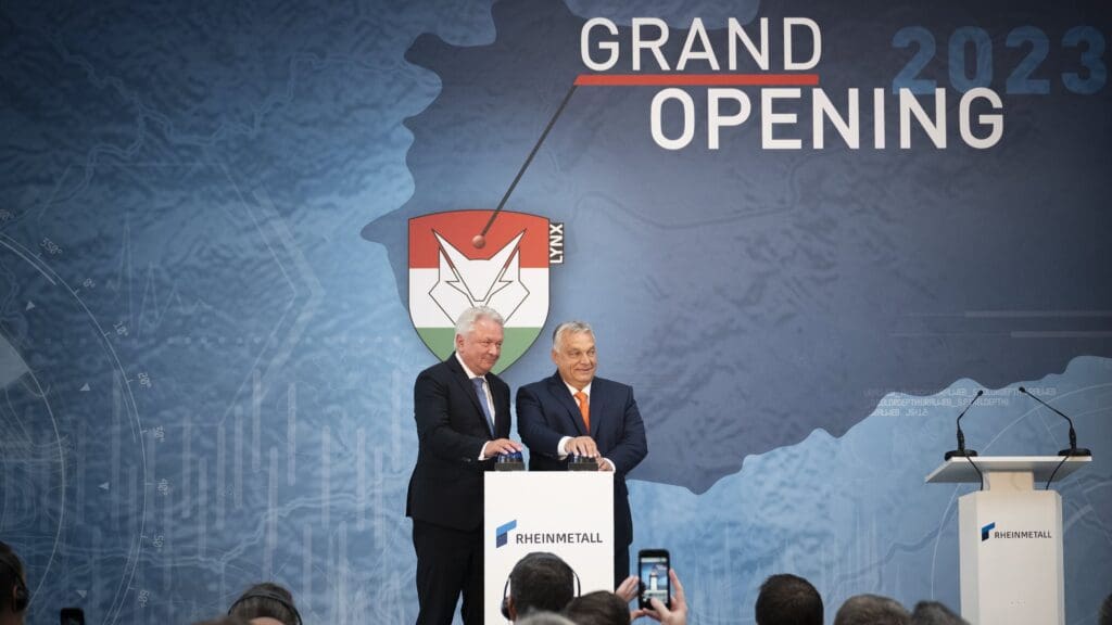 Viktor Orbán and Rheinmetall Chairman and CEO Armin Papperger symbolically launch the new Zalaegerszeg factory on 18 August 2023.