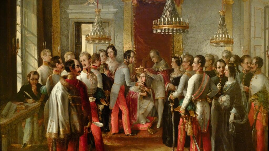 The crowning of Francis Joseph in the palace of the Archbishop of Olomouc (Olmütz) on 2 December 1848.
