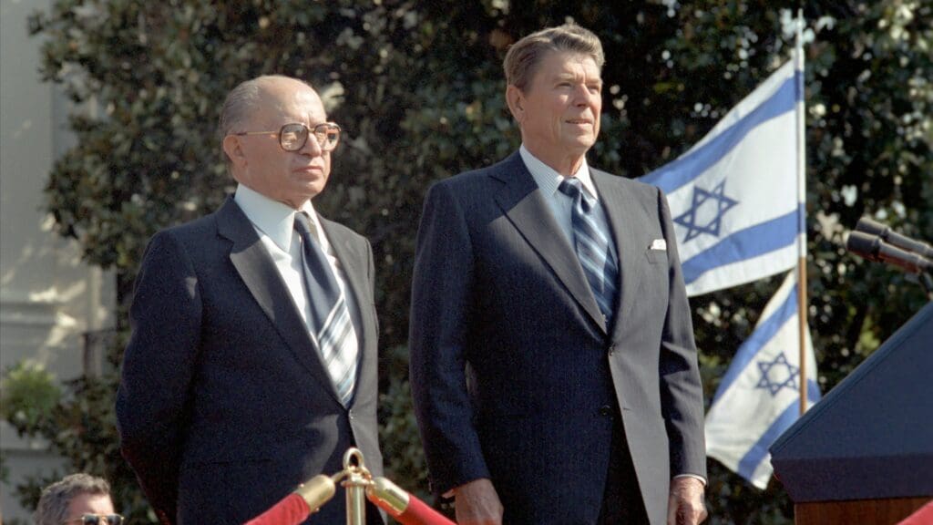 Menachem Begin on the South Lawn of the White House with Ronald Reagan in September 1981.