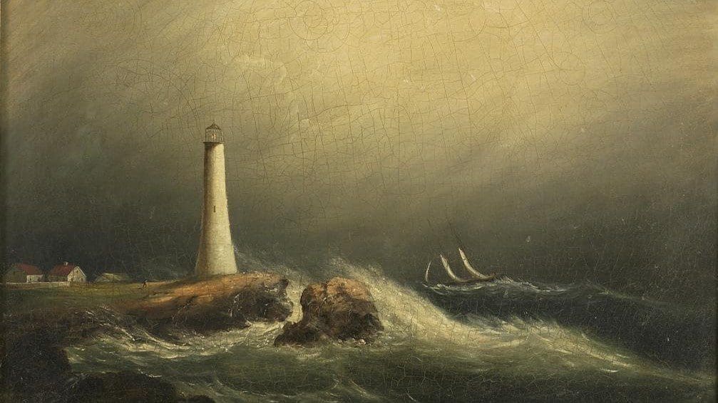 A ship in a storm off a lighthouse by Clement Drew.