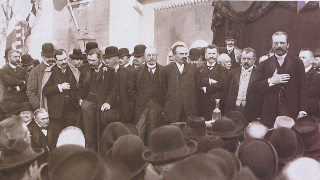István Tisza, leader of the National Party of Work gives an electoral speech in Sopron in April 1910.