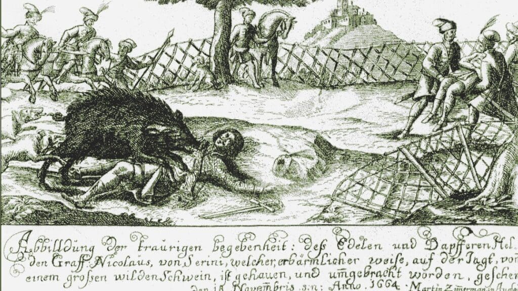 A contemporary depiction of the death of Miklós Zrínyi, Ban of Croatia in 1664. (Date and artist unknown)