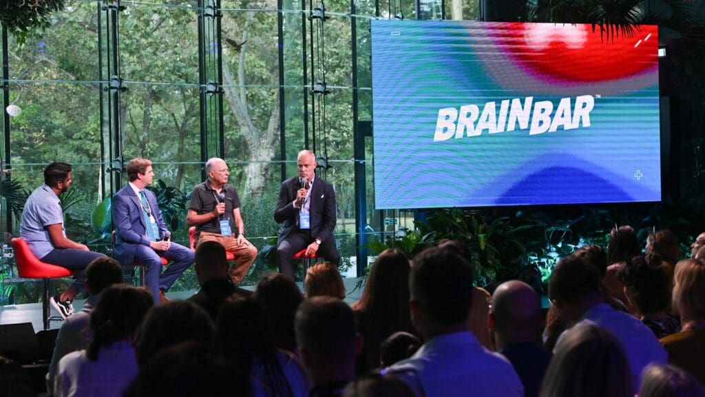 Sid Moorthy, Brendan McNamara, Martin Gurri and Kristóf Szalay-Bobrovniczky (L–R) during a panel discussion at Brain bar 2023, Budapest.