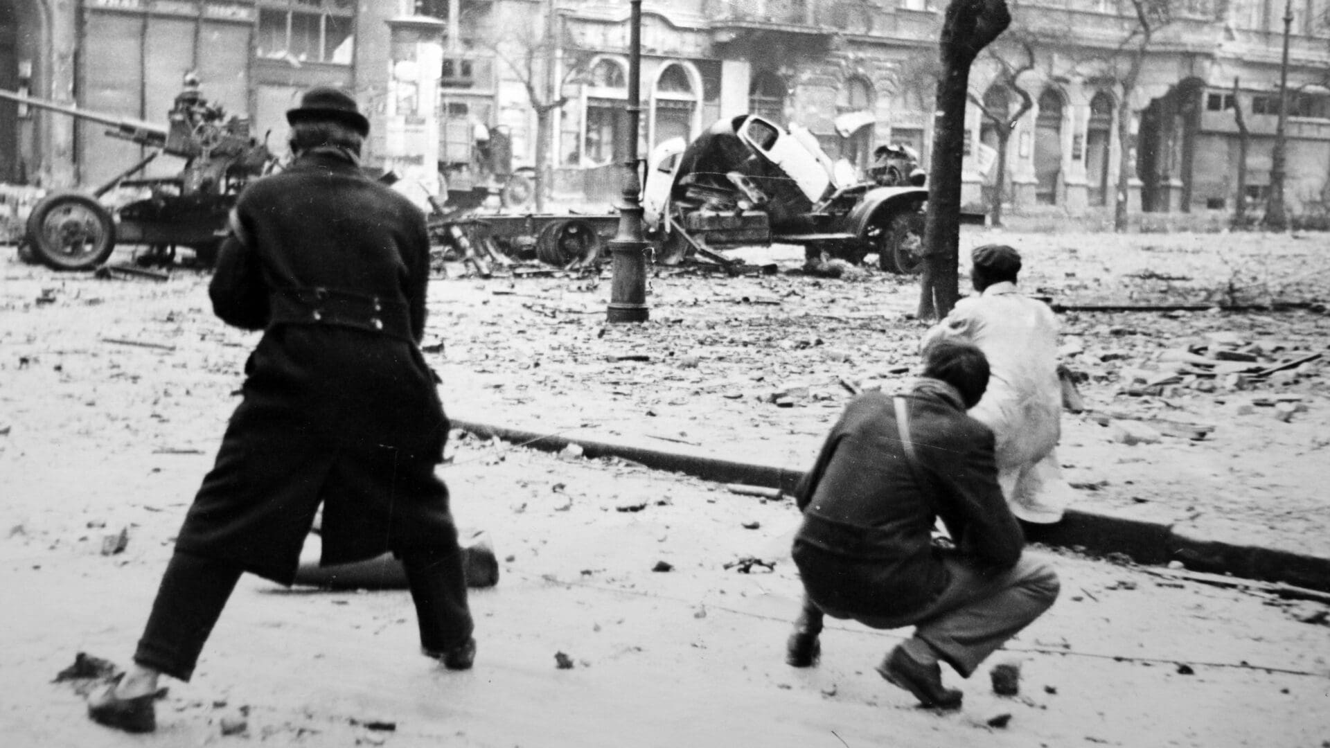 Freedom fighters in a street in Budapest in 1956.