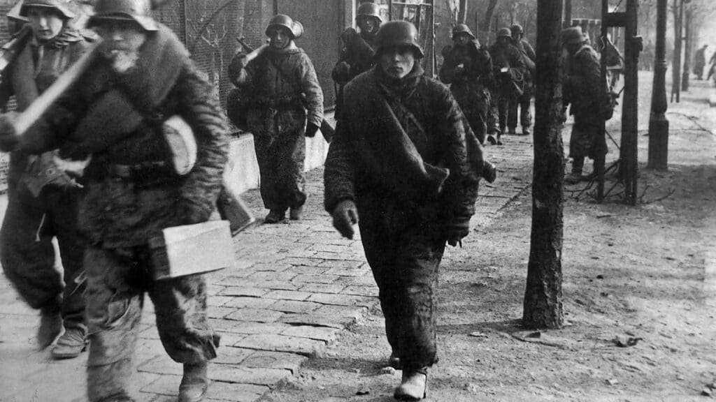 German soldiers marching in Buda in 1944.