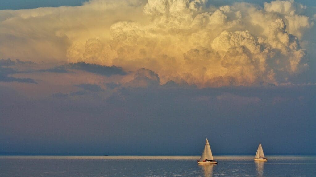 An image of Lake Balaton at Tihany with sailing boats.