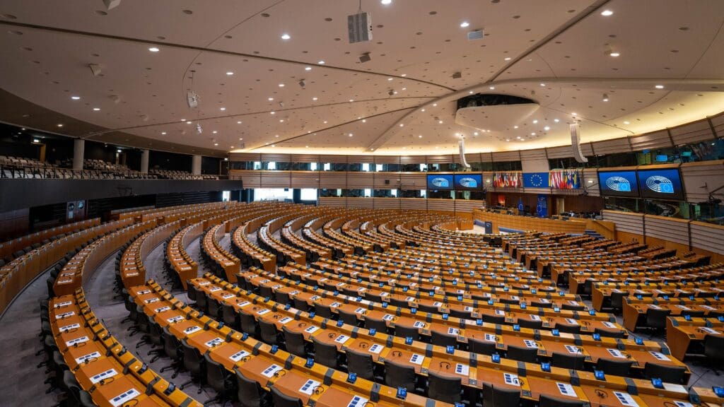 The Plenary Hall of the European Parliament in 2021.