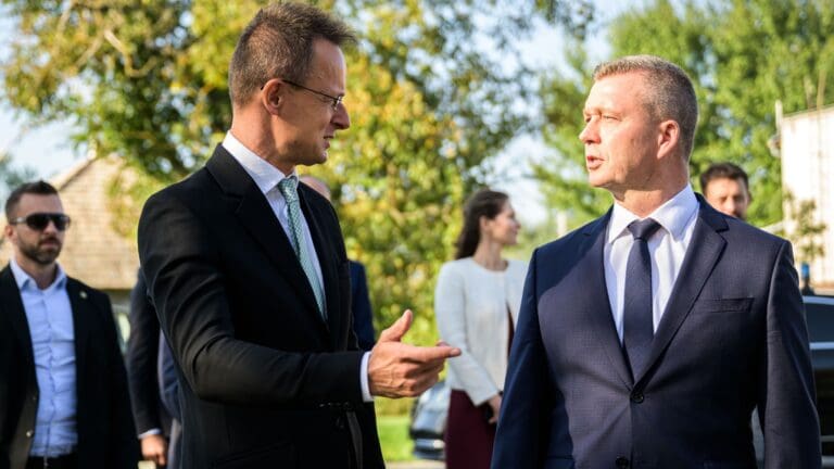 Foreign Minister Péter Szijjártó and Alliance President Krisztián Forró at the opening of a new border crossing between Hungary and Slovakia on 26 September 2023.