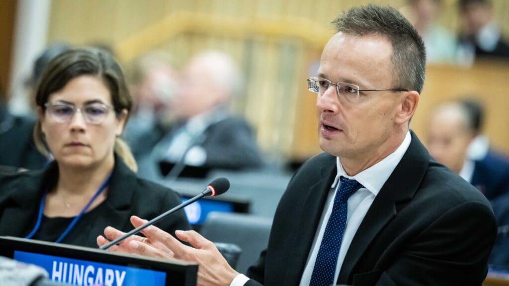 Foreign Minister of Hungary Péter Szijjártó speaking at a fringe even of the UN General Assembly on 21 September 2023.