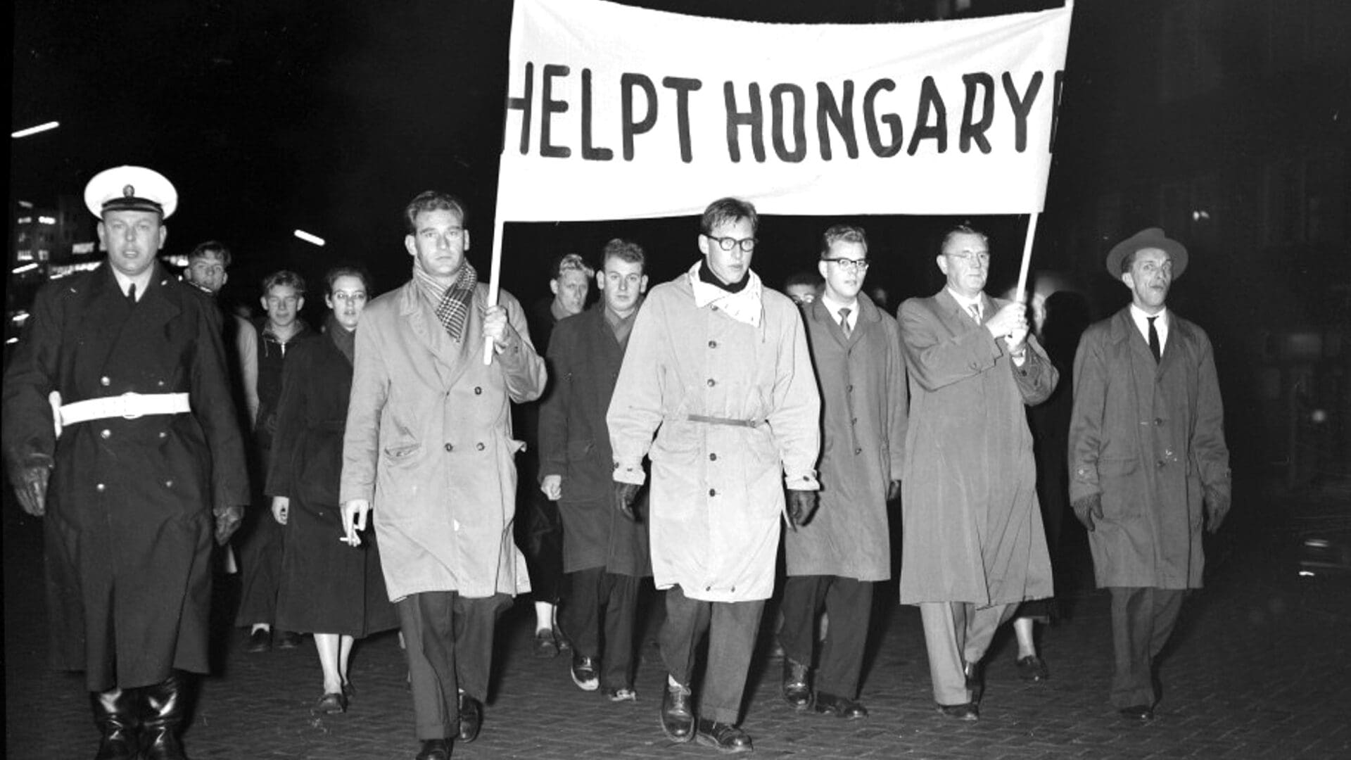 A solidarity march on 5 November 1956 in Eindhoven, the Netherlands. The banner reads ‘Help Hungary’.