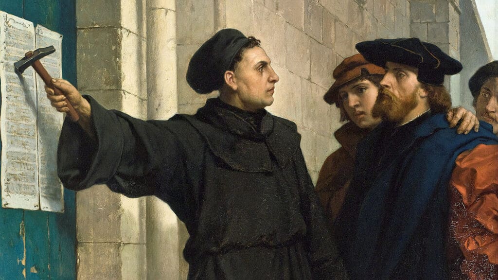 Martin Luther hammers his 95 theses to the door by Ferdinand Pauwels (1872).