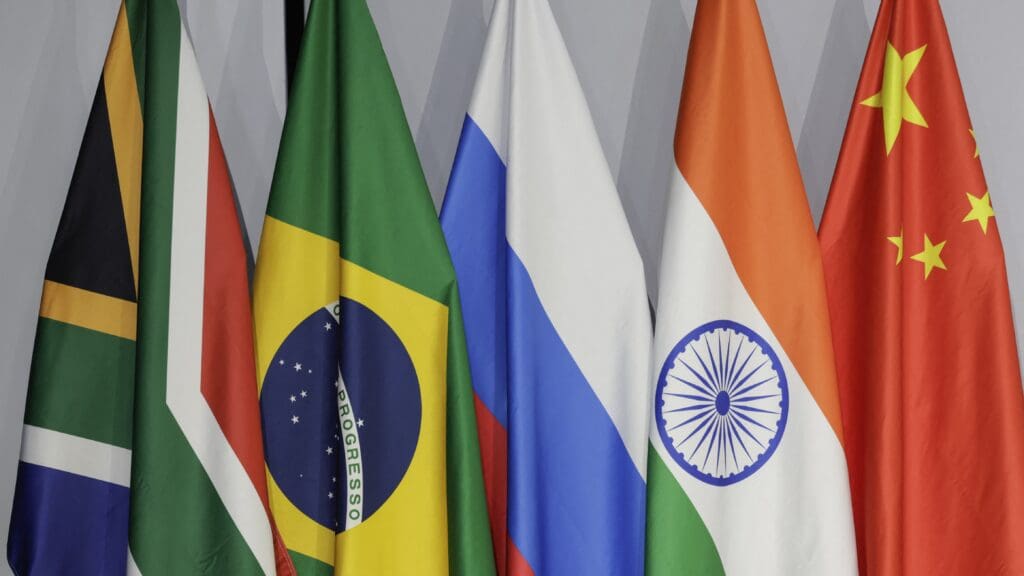 The flags of the BRICS nations at the 2023 BRICS Summit in Johannesburg on 24 August 2023.