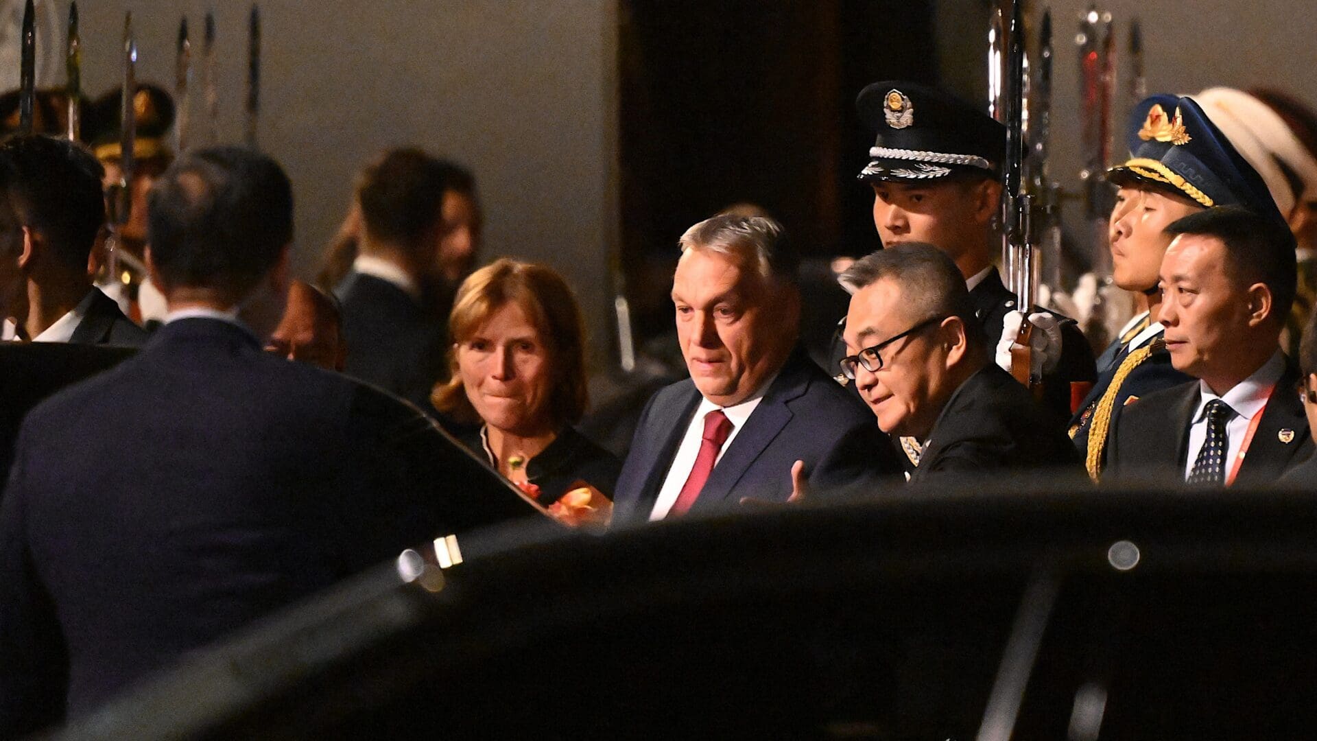 Viktor Orbán and his wife Anikó Lévai arrive in Beijing on 15 October 2023.