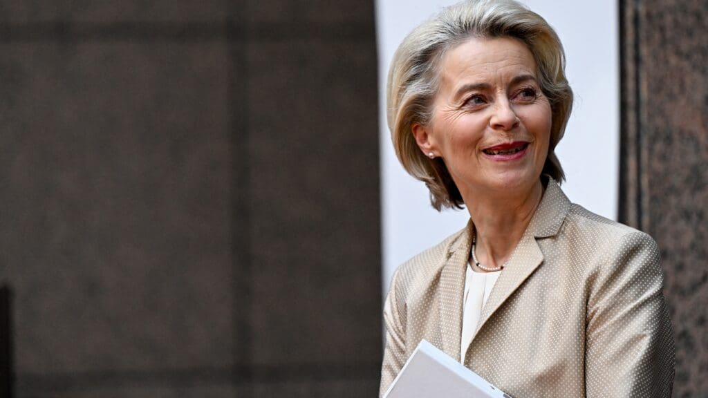 Ursula von der Leyen leaves at the end of a European Union summit at the EU headquarters in Brussels on 27 October 2023.