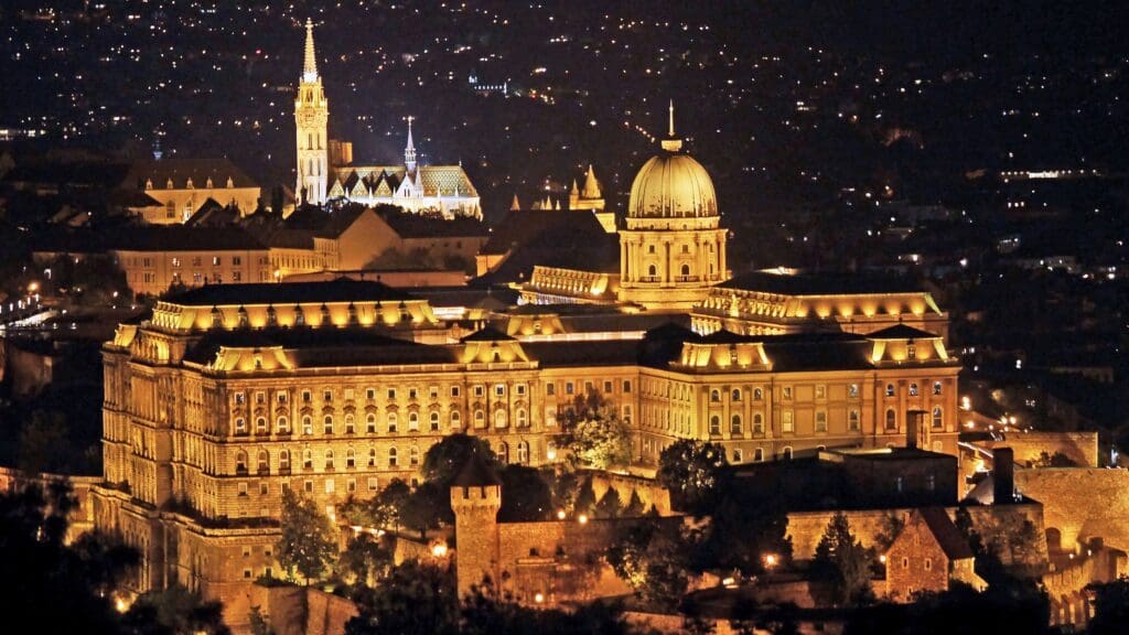 The Buda Castle at night.