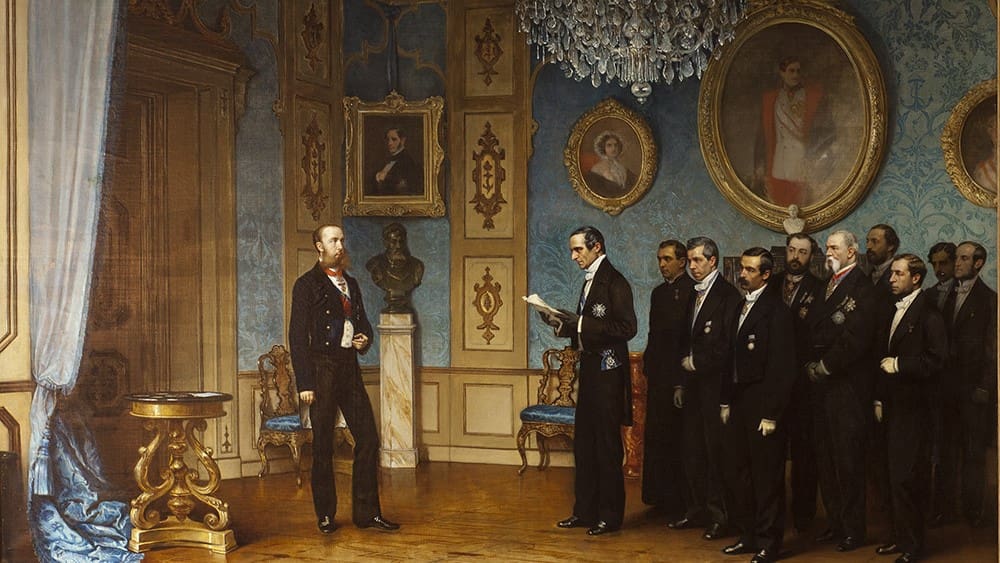 Archduke Maximilian of Austria receives the Mexican delegation offering him the throne in the Miramar Castle.