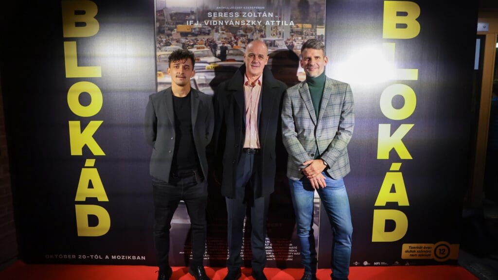 Leadings actors Zoltán Seress (C) and Attila Vidnyánszky Jr. (L) with film director Ádám Tősér at the premiere of the film on 18 October 2022.