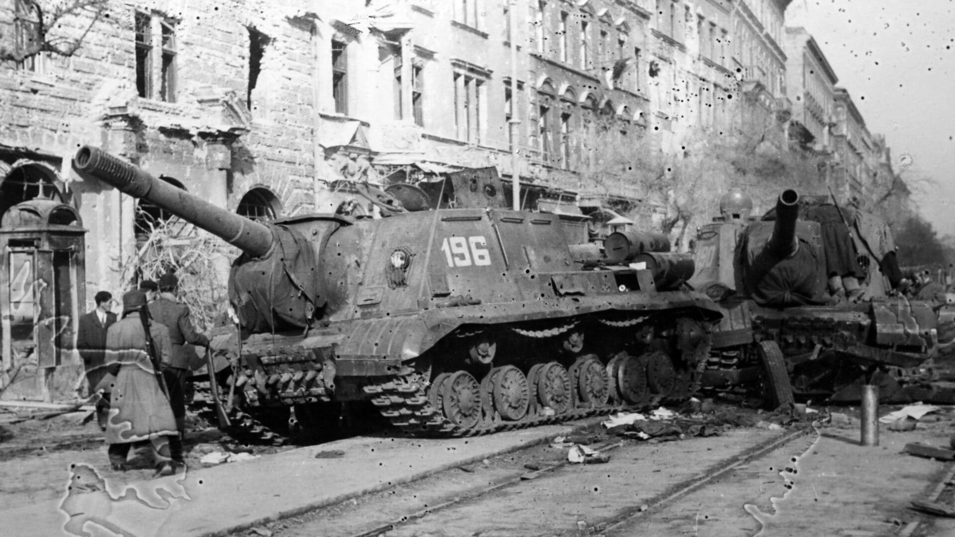 Revolutionaries near two destroyed tanks in Budapest in November 1956.