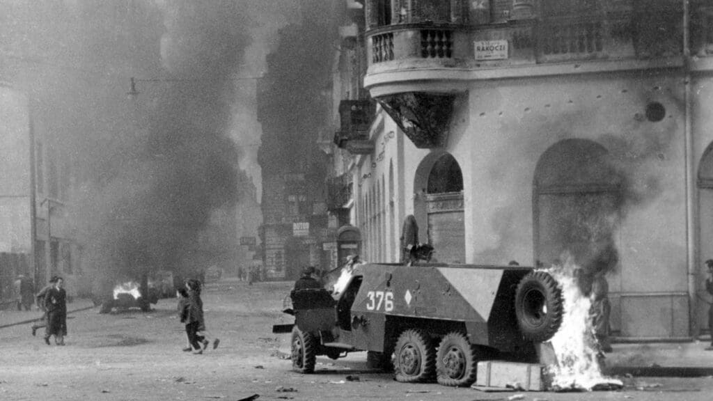 A burnt-out Soviet armoured combat vehicle in Budapest in November 1956.