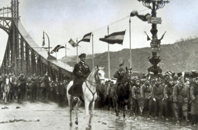 Horthy rides his white horse as he marches on Budapest on 16 November 1919.