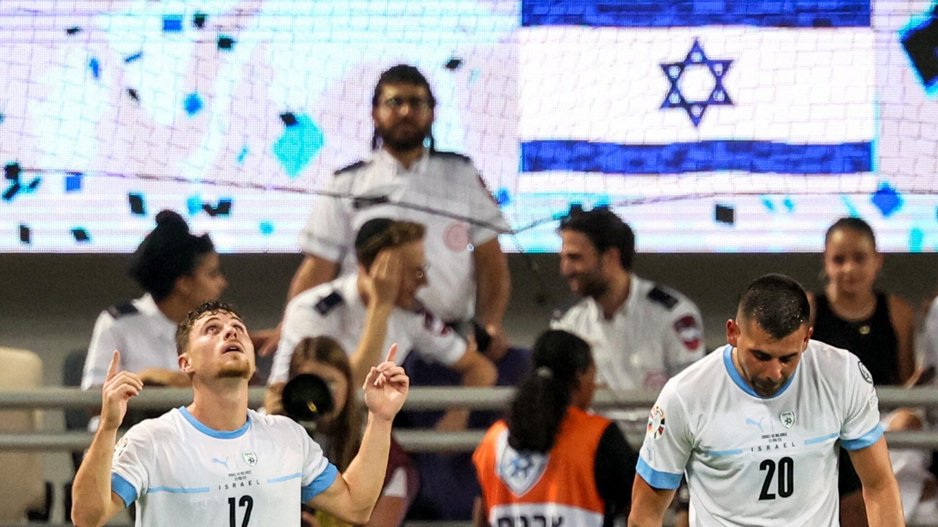 Israel's midfielder Gavriel Kanichowsky reacts after scoring a goal during the UEFA Euro 2024 group I qualification football match against Belarus at the Bloomfield stadium in Tel Aviv on 12 September 2023.