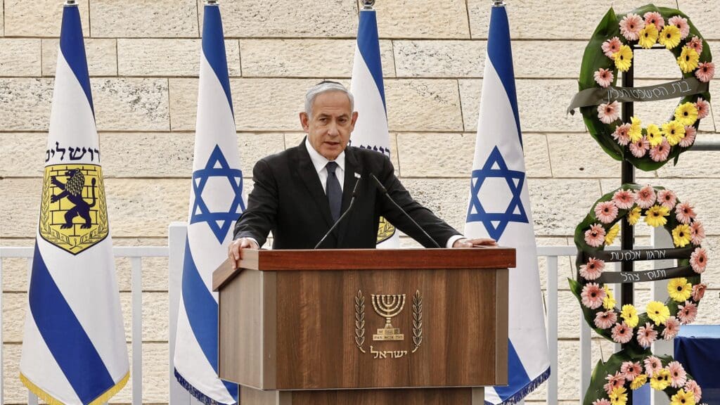 Benjamin Netanyahu speaking at the Yad Labanim monument in Jerusalem on the Israeli Memorial Day (Yom Hazikaron) on 24 April 2023.