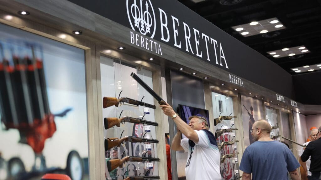 Firearms displayed at the Beretta booth at the National Rifle Association's Annual Meetings & Exhibits at the Indiana Convention Center on 15 April 2023 in Indianapolis, Indiana.