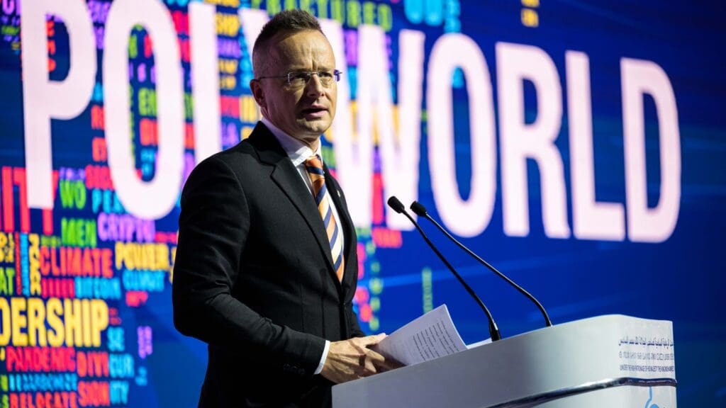 Hungarian Foreign Minister Péter Szijjártó speaks at the MEDays Forum in Tangier, Morocco on 15 November 2023.