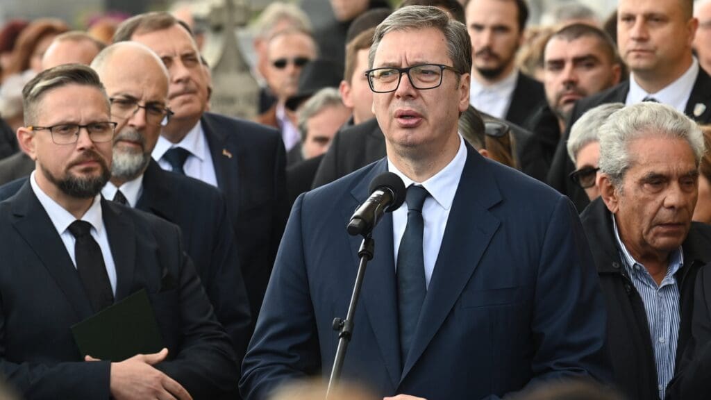 Aleksandar Vučić speaking at the funeral of VMSZ President István Pásztor in Subotica (Szabadka), Serbia on 4 November 2023.