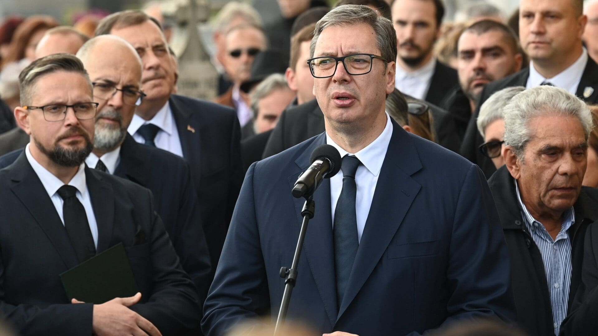 Aleksandar Vučić speaking at the funeral of VMSZ President István Pásztor in Subotica (Szabadka), Serbia on 4 November 2023.