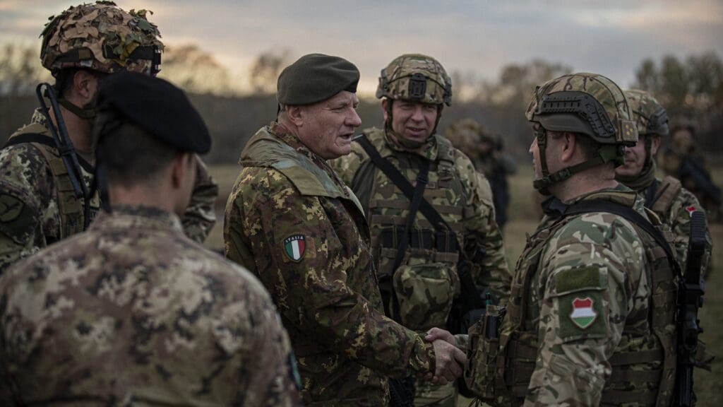Lt General Nicola Zanelli, Deputy Commander of NATO's Land Command inspects a joint Hungarian-Italian exercise of the Forward Land Force Battlegroup on 16 November 2023 in Hajdúhadház, Hungary.