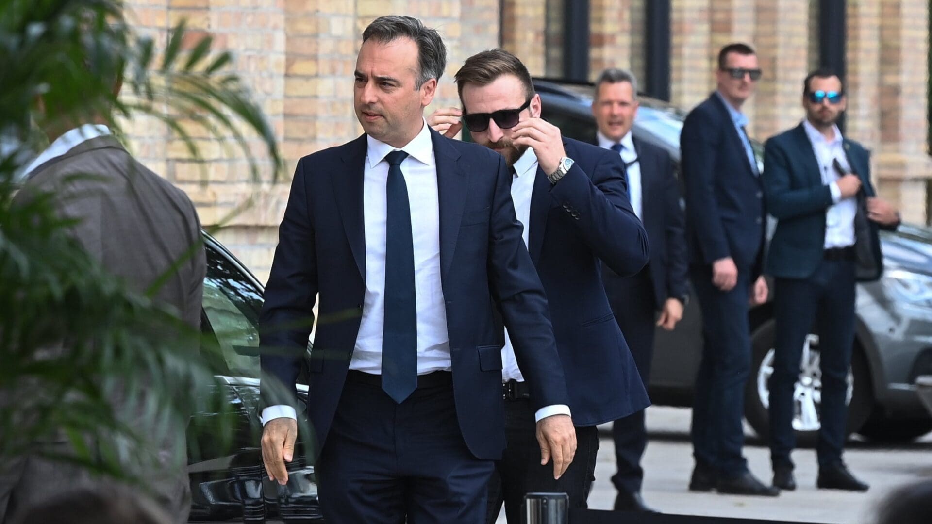 Ambassador David Pressman arriving at the Eiffel Art Studios for the inauguration of the statue of footballer and coach Árpád Weisz on 31 May 2023.
